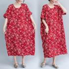Short-sleeve Floral Print Midi A-line Dress Red - One Size