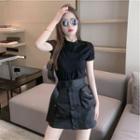 Short-sleeve Heart T-shirt / Buckled A-line Skirt