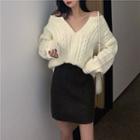 Off-shoulder Cable-knit Sweater / Mini Knit Straight-fit Skirt