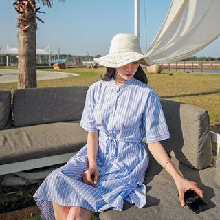 Mandarin-collar Drawcord-waist Stripe Shirtdress