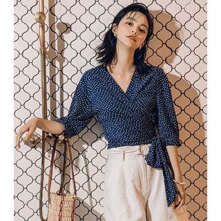Dotted 3/4-sleeve Chiffon Blouse Blue - One Size