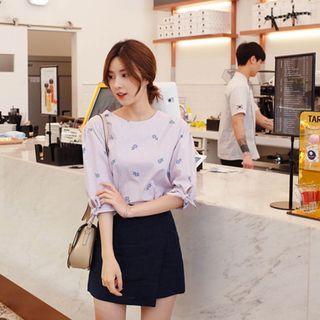 Tie-cuff Flower Embroidered Stripe Top