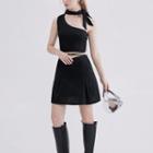 Set: One-shoulder Bow Accent Crop Tank Top + Lace Up Mini A-line Skirt