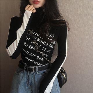Two-tone Lettering Turtleneck Long-sleeve T-shirt