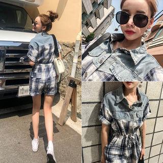 Denim Panel Plaid Playsuit Blue - One Size