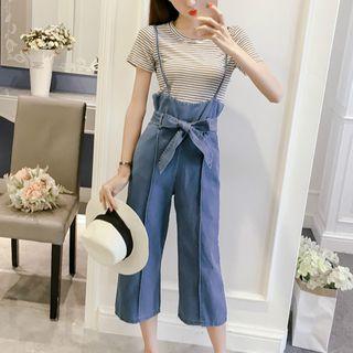 Set: Striped Short Sleeve T-shirt + Cropped Dungaree