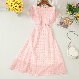 Heart Detail Cap-sleeve Midi A-line Dress Pink - One Size