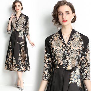 Elbow-sleeve Tie-waist Floral Print Midi A-line Dress