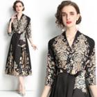 Elbow-sleeve Tie-waist Floral Print Midi A-line Dress