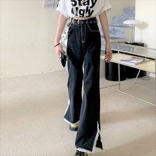 Lace Trim Side-slit Wide-leg Jeans