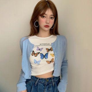 Short-sleeve Butterfly Print T-shirt / Cardigan