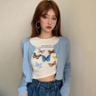 Short-sleeve Butterfly Print T-shirt / Cardigan