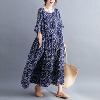 Printed Short-sleeve Midi A-line Dress Navy Blue - One Size