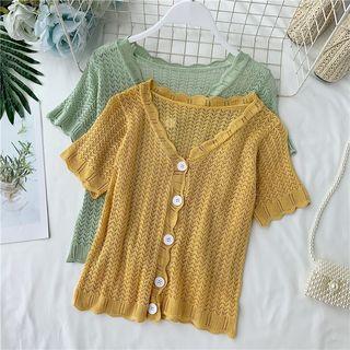 V-neck Open-knit Short-sleeve Cardigan