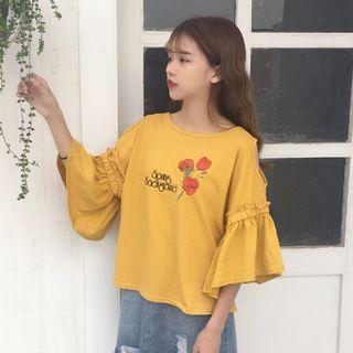 Bell-sleeve Embroidered Short-sleeve Loose-fit Top
