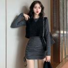 Long-sleeve Striped Drawstring Mini Sheath Dress / Knit Vest