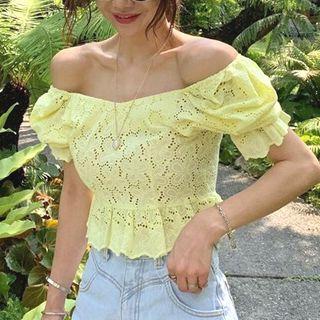 Eyelet Lace Off-shoulder Short-sleeve Peplum Top