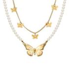 Butterfly Pendant Faux Pearl Layered Necklace White & Gold - One Size