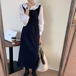 Mock Two Piece Long-sleeve Cuffed Sleeve Sheer Chiffon Midi Dress