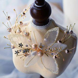 Wedding Rhinestone Faux Pearl Flower Headband Gold - One Size