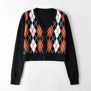 Argyle Cropped Cardigan Black & Tangerine & White - One Size