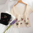 Flower Embroidered Short-sleeve Crochet Knit Top