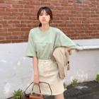 Elbow-sleeve Letter-printed T-shirt Light Lime Green - One Size