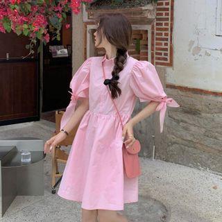 Puff-sleeve Plain Mini A-line Dress Pink - One Size