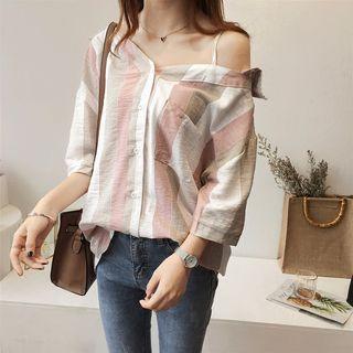 3/4-sleeve Off Shoulder Striped Shirt