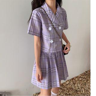 Set: Plaid Short-sleeve Shirt + Pleated Skirt
