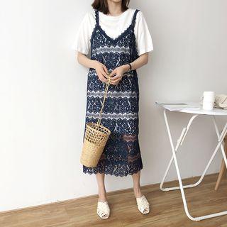 Set: Plain Short-sleeve T-shirt Dress + Lace Midi Spaghetti Strap Dress