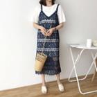 Set: Plain Short-sleeve T-shirt Dress + Lace Midi Spaghetti Strap Dress