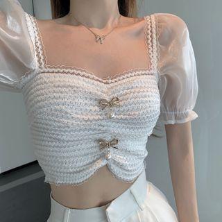 Short-sleeve Bow Detail Cropped Blouse White - One Size