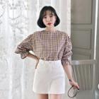 Puff-sleeve Button-back Gingham Blouse