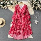 Long-sleeve V-neck Floral Pleated Chiffon Dress