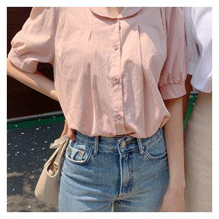 Round-collar Pintuck Cotton Blouse