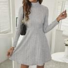 Ribbed Turtleneck Long-sleeve Mini A-line Dress