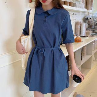 Elbow-sleeve Plain Drawstring-waist Polo Dress