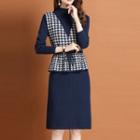 Mock Two-piece Houndstooth Panel Knit Midi Dress