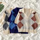 Short-sleeve V-neck Argyle Knit Polo Shirt