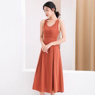 V-neck Cross Back Sleeveless Midi A-line Dress