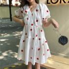 Balloon-sleeve Strawberry Applique A-line Dress