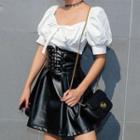 Short-sleeve Blouse / Faux Leather Mini A-line Skirt