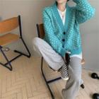 V-neck Printed Button-up Oversize Cardigan Green Sweater - One Size