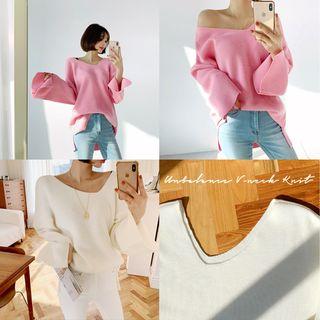 Asymmetric-neck Slit-cuff Knit Top