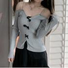Long-sleeve Off-shoulder Bow Accent Ribbed Knit Top