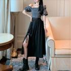 Off-shoulder Blouse / Side-slit Midi A-line Skirt