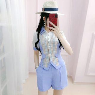 Set: Collared Short-sleeve Playsuit + Plaid Vest