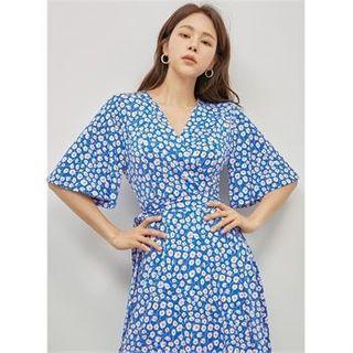 Bell-sleeve Floral Print Wrap Dress