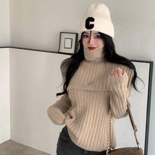 Set: Turtleneck Ribbed Knit Shawl + Sweater